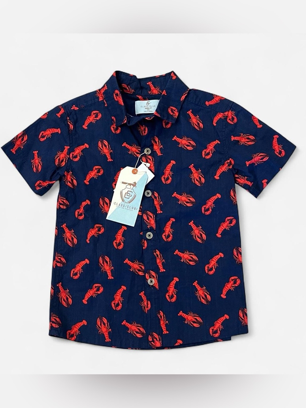 NWT Class Club Navy Button-Front Shirt with Red Lobster Print